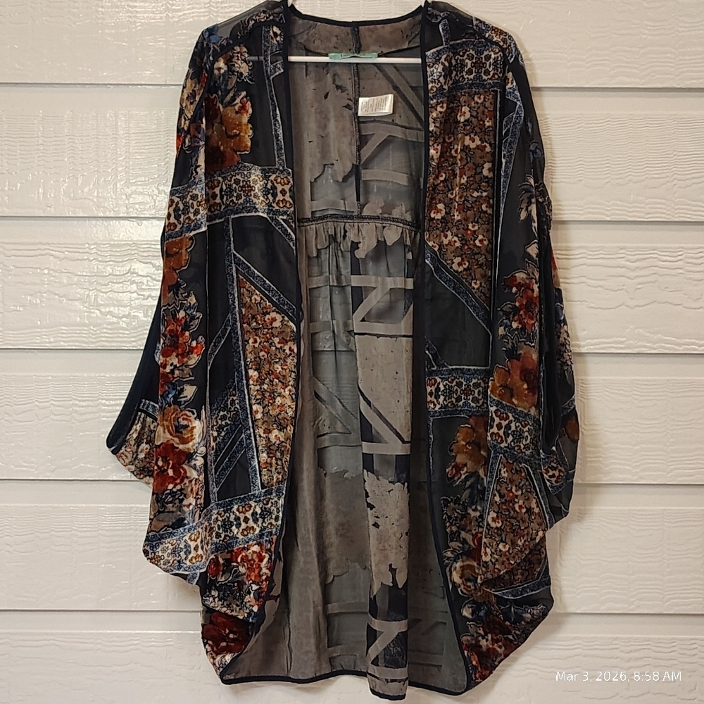 KARLIE WOMENS SMALL BURNOUT FLORAL ABSTRACT KIMONO BOHO SEMI SHEER ART TO WEAR